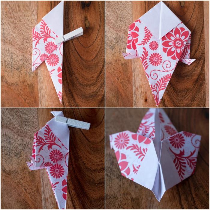 renkli desenlerle kağıttan güzel kuşlar yaparak baharı kutlamak için çocuklar için bir DIY origami