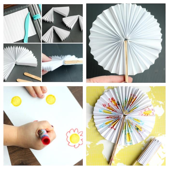 ideja, da bi naredili ventilator iz belega papirja, okrašen z vzorci otroške risbe in sladolednimi palicami za ročaj