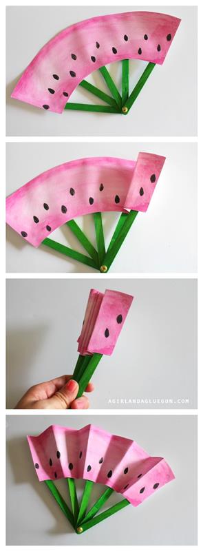 primarna ročna dejavnost, japonski ventilator za papir in palčke za sladoled ter papir, prebarvan v roza barvo z dotiki imitacij barve