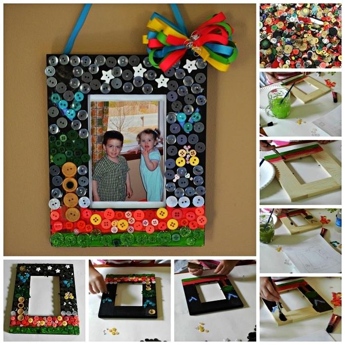 Anneler Günü için kişiye özel hediye fikri, farklı tasarım ve renkte düğmelerle süslenmiş duvar çerçevesi