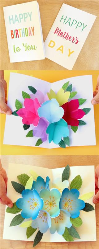 kako narediti pojavno rojstnodnevno voščilnico, domačo rojstnodnevno voščilnico z večbarvnim pisanjem, okrašeno znotraj s papirnatimi rožami
