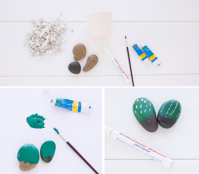 žaliai dažyti kaktuso akmenukai dekoratyviniame mini puodelyje, pasidaryk pats Motinos dienos darželis su dekoruotais akmenukais