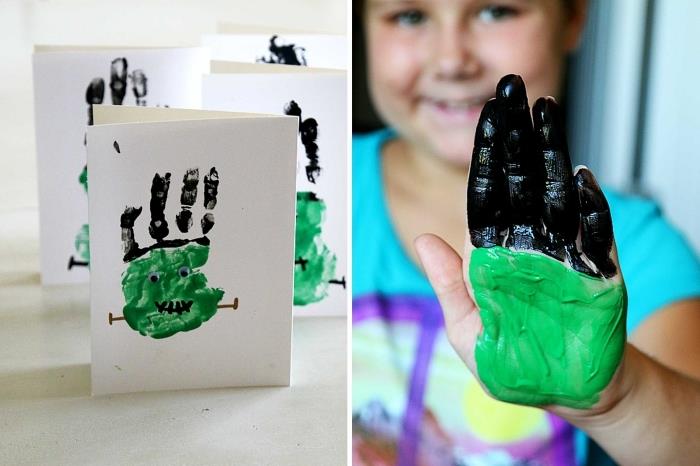 anaokulu cadılar bayramı boya ve el işi projesi, kendin yap kartında el izi olan frankenstein yaratığı