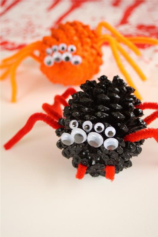 zabaven projekt DIY pinterest za zabavo za noč čarovnic z borovimi storžki, pajki borovega storža in gosenicami