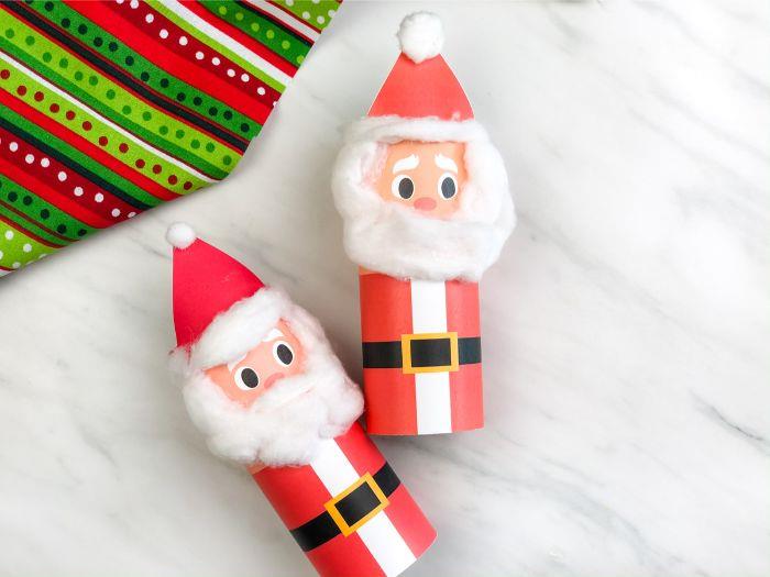 „Pasidaryk pats“ Kalėdų senelis, kurį galima pagaminti naudojant Kalėdų Senelio tualetinio popieriaus ritinius, spalvoto popieriaus medvilnės kirpėją ir veidą
