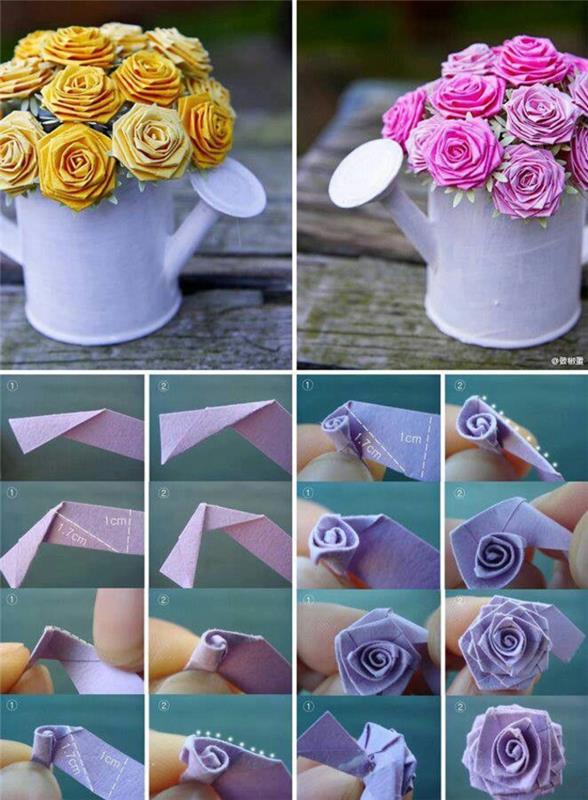paprasta „origami“ pamoka, skirta sukurti pasakų rožinį origami modelį, pasaką ir romantišką stalo dekoraciją iš popierinių rožių puokštės