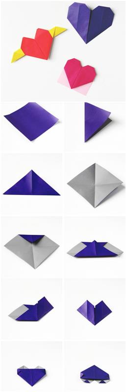 fotoğraflarda kağıt katlama adımlarıyla dekoratif bir origami kalbi yapmanın üç yolu