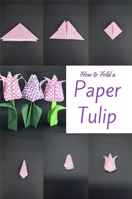 lengvas tulpių origami modelio sulankstymas ant stiebo, pavasario amatai jauniems ir seniems, lengvas gėlių sulankstymas