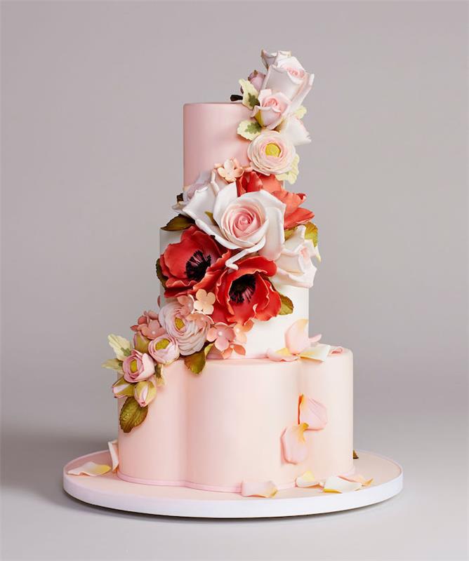 Vestuvinis tortas vestuvinis tortas, vestuvių torto dekoravimo idėja, gėlių formos vestuvinis tortas, papuoštas cukraus pasta