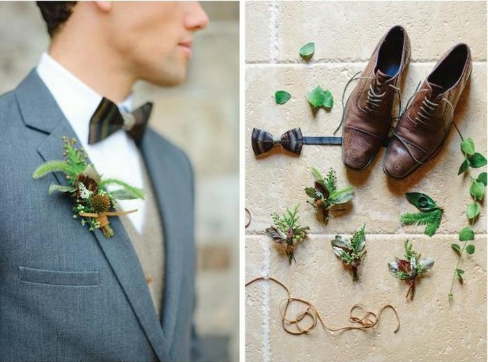 pilki vyriški vestuviniai batai, juodas peteliškė, rudi batai, augalinė atlapo puošmena