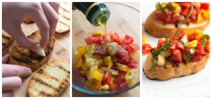 lengvas bruschetta receptas, skrudintos česnako batono skiltelės su alyvuogių aliejaus pomidorais, pipirais ir druska