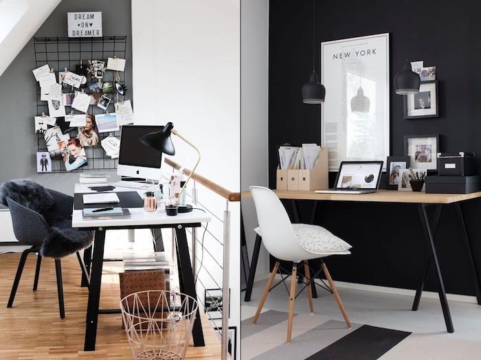 pisarniška postavitev, bela tlakovana tla s črno pobarvanimi stenami, foto tablo in navdihujočimi zapiski