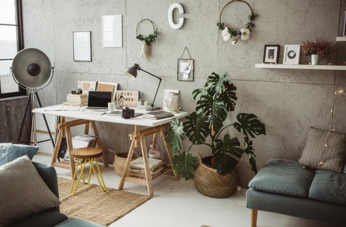 hafif ahşap mobilyalarla endüstriyel oturma odası tasarımı, ilham verici fotoğraflar ve çiçeklerle orijinal ev ofis deco fikri