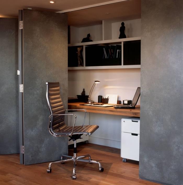 ev ofis köşesini antrasit gri tasarım kapılar ve beyaz duvara gömme çalışma masası ile nasıl dekore edebileceğinize dair fikir