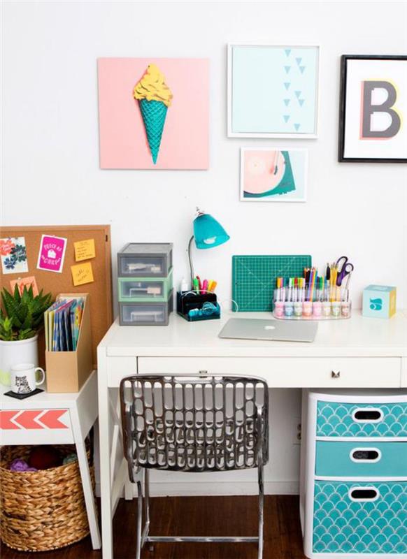 šola-miza-delovni prostor-v-beli-in-turkizni barvi