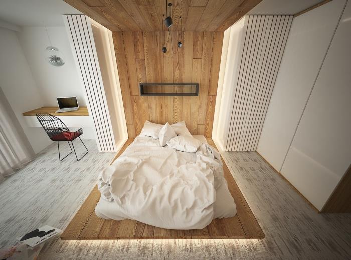 bir erkek yatak odası için ne renk, tavana kadar ahşap başlık ile minimalist tasarımlı modern oda