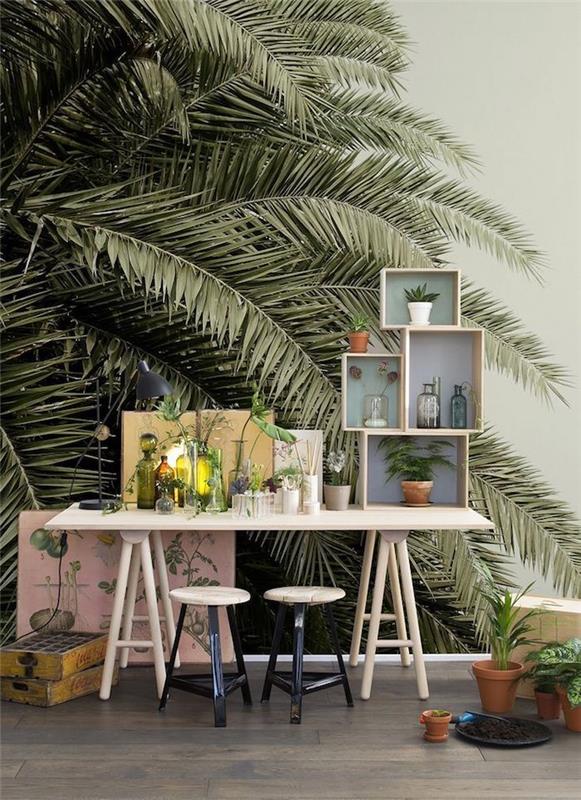Zelene rastline v najstniški sobi, lepo organizirana pisalna miza, fotoslikan papir s palmami, ideja o dekoriranju sob za najstnike,