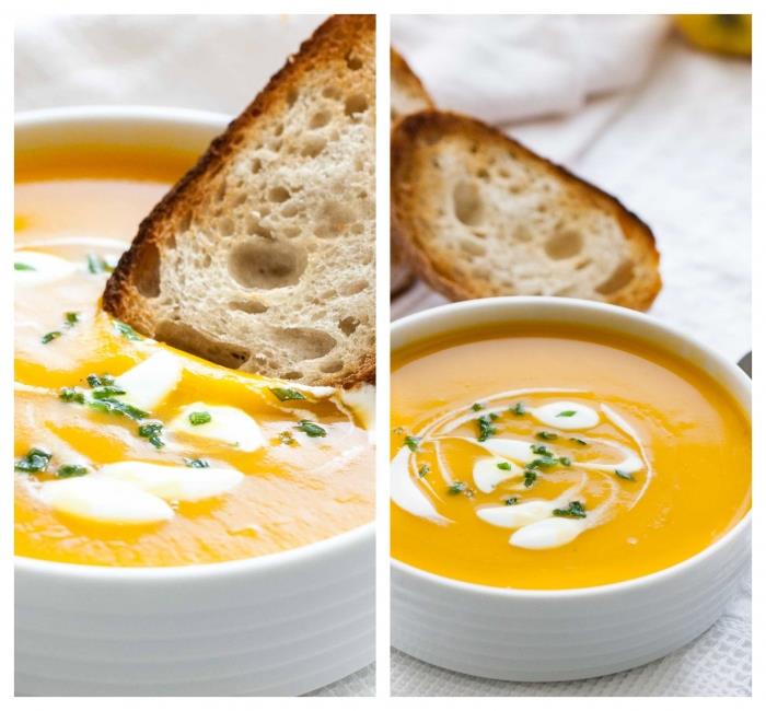 sviestinių moliūgų kreminė sriuba, į ją panardinta duona, lengvi sriubos receptai, nuotraukos šalia, balta staltiesė