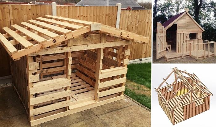 primer, kako zgraditi kabino za dvorišče, zamisel o zavetišču za otroške igre, da bi sami naredili recikliran les