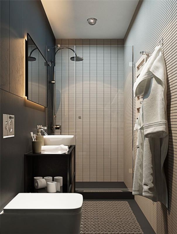 kopalniški dekor s temno ogljeno sivimi stenami z belim stropom, črna omarica z odprtim odlagalnim prostorom