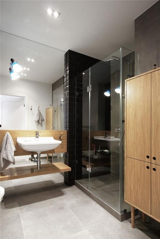 vonios kambario išdėstymas su dušo kabina, nedidelis vonios kambario dekoras su baltomis sienomis ir juodos sienos sekcija