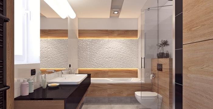 madingas vonios kambarys su baltomis sienomis su medine apdaila ir juodais elementais, medinių vonios baldų idėja