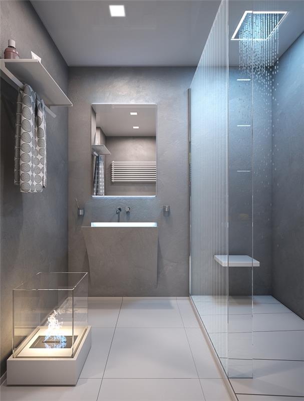 sivo -beli model kopalnice s tuš kabino, primer stenske omare za shranjevanje s polico, kopalnica v sivi barvi