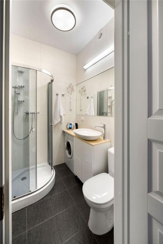 zamislite, katere barve kopalnica majhen prostor z belimi stenami z antracitno sivim dizajnom popločanimi tlemi in belo opremo