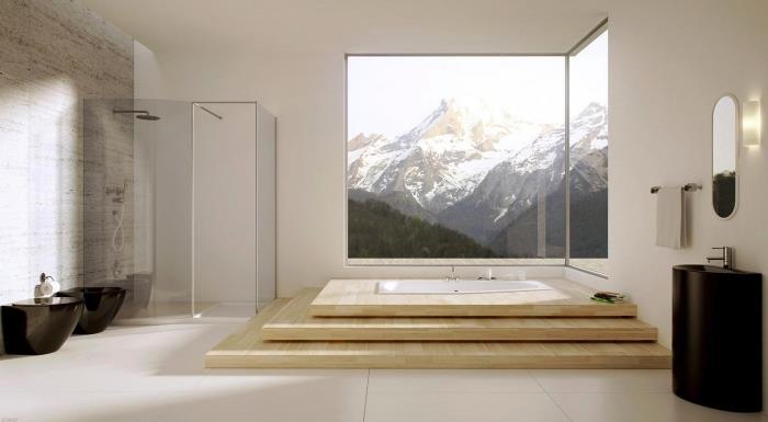 idėja, kaip minimalistiniu ir japonišku stiliumi įrengtame vonios kambaryje integruoti nedidelę modernią vonią