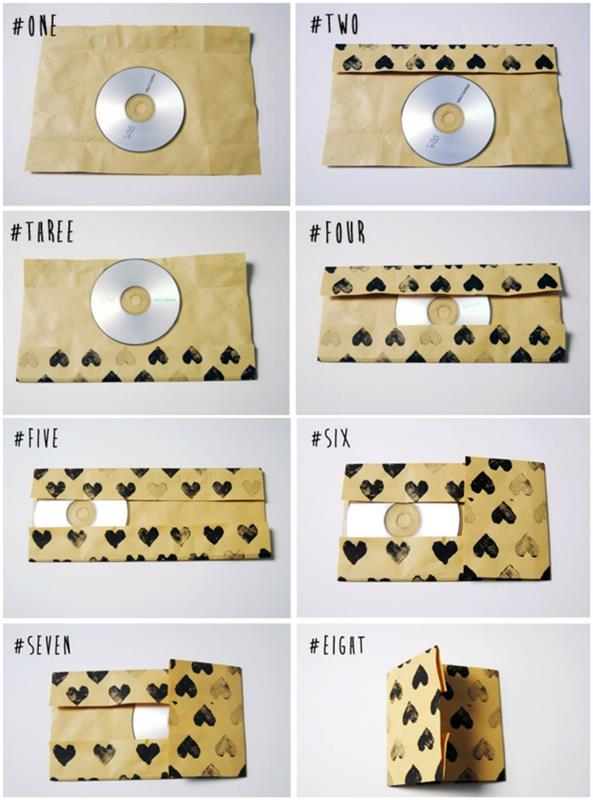 klasikinė Valentino dienos dovana muzikos mylėtojams, originalios kompaktinės plokštelės viršelio su antspaudu širdies raštais lankstymo pamoka