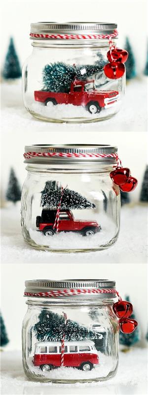 najstniški model za božično darilo, stekleni kozarec, preoblikovan v božično kroglo, umetni sneg, avto z figurico božičnega drevesa