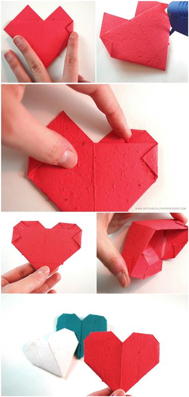 birkaç kolay kağıt katlama adımında yapılan kalp şeklinde güzel karton tohum kutusu