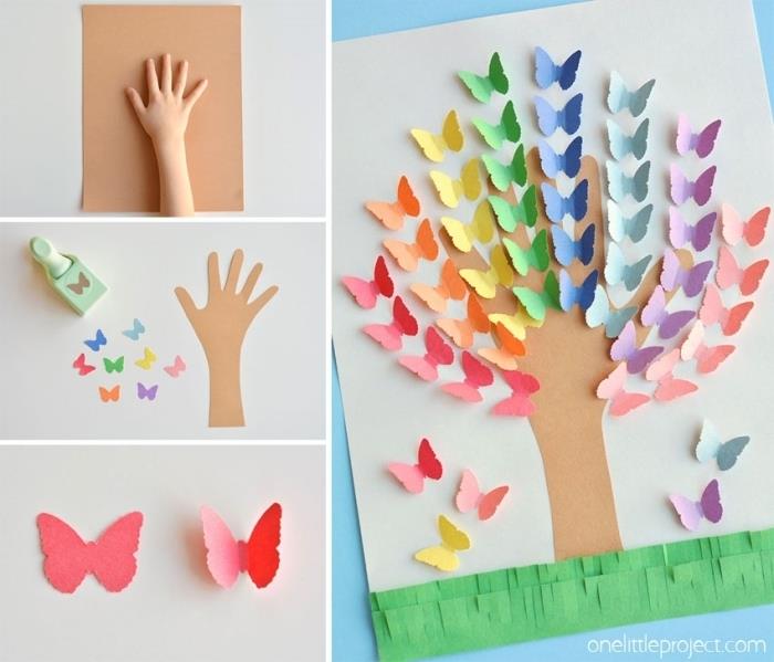 „Pasidaryk pats“ mamos dienos idėjos darželis su popieriumi, pamoka, kaip padaryti medį pagal vaikų pėdsaką su 3d drugeliais