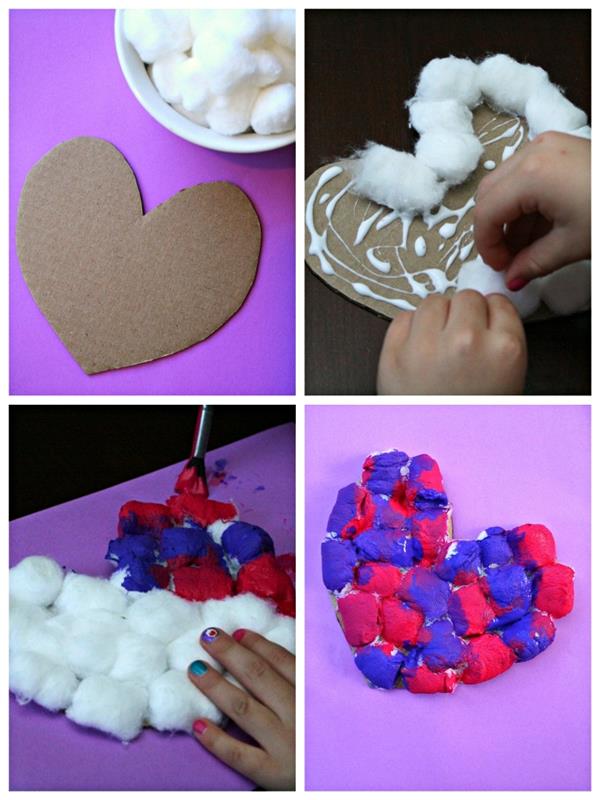 DIY anaokulu anneler günü hediyesi, küçük karton ve mavi ve pembe boyalı pamuk kalp