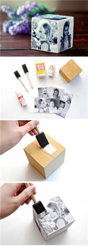 zamisel, kako narediti darilo za materinski dan, leseno kocko, decoupage natisnjenih otroških fotografij, narediti izviren fotookvir