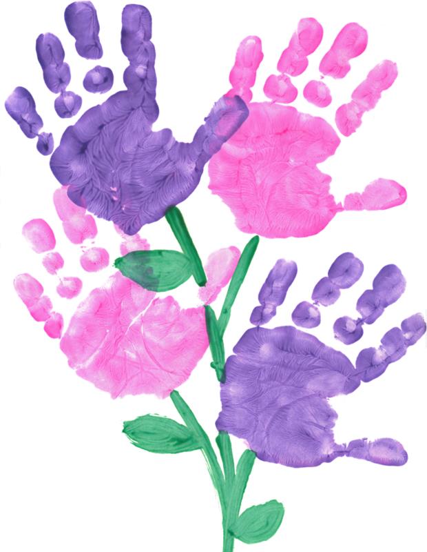 originalus darželio motinų dienos atviruko šablonas, rožinės ir violetinės spalvos rankų gėlių puokštės piešinys