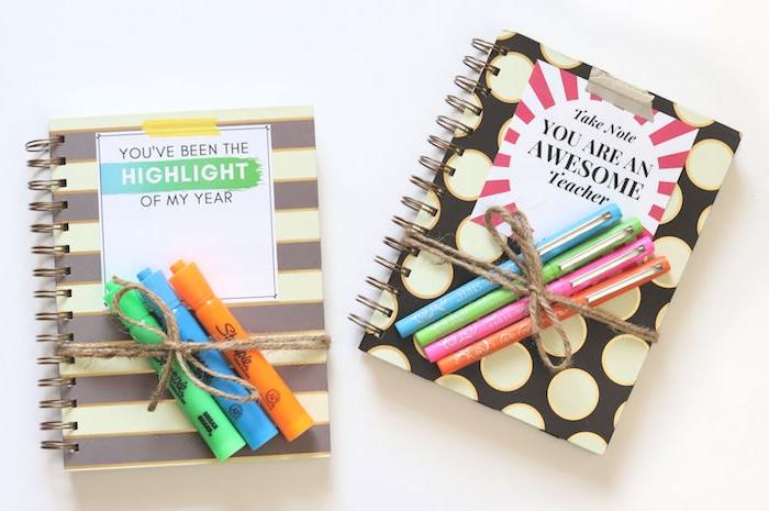 spalvinga mokytojo dienoraščio užrašų knygelė su originalia etikete ir rašikliais bei žymekliais, originali padėkos dovana