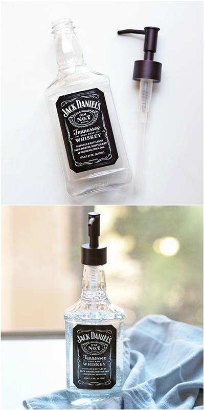 originali ir kūrybinga dovana, pagaminta iš perdirbto butelio, originalus muilo dozatorius perdirbtame „Jack Daniels“ buteliuke