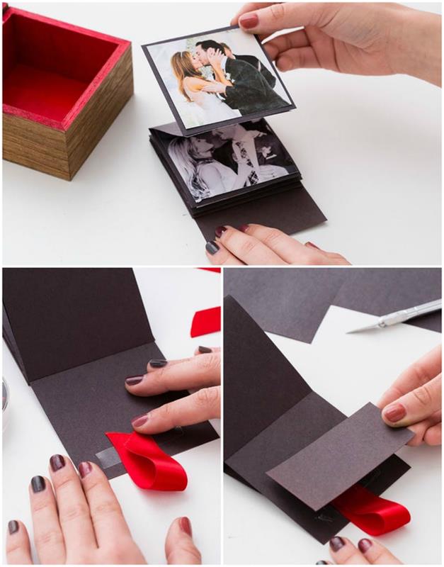 personalizuota medinė dėžutė su akordeono mini albumu iš poros nuotraukų, originalus „pasidaryk pats“ projektas, skirtas nedidelei dovanai Valentino dienos proga