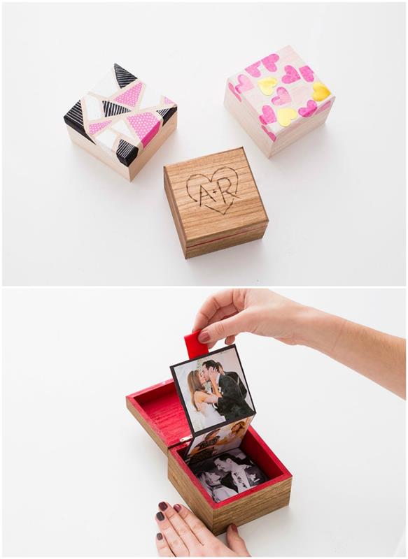 originali idėja Valentino dienos dovanai pasigaminti patiems, personalizuota medinė dėžutė su inicialais, kurią galima pasiūlyti su akordeono mini albumu