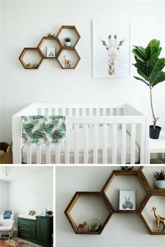 kūdikio mergaitės kambario dekoravimo detalės, šešiakampės lentynos tamsiai rudoje, baltoje medinėje lovoje, žalias augalas, ančių mėlynos spalvos baldai