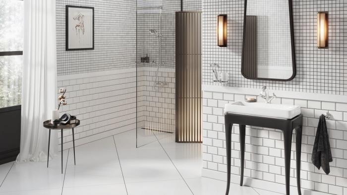 trend banyo fayans seçenekleri, fayans desenli beyaz ve siyah fayans modeli, duşakabinli banyo düzeni