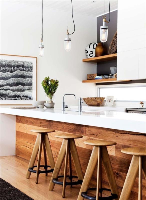 bela kuhinjska dekoracija s pohištvom in lesenimi predmeti, sodobna ideja notranje opreme v minimalističnem slogu
