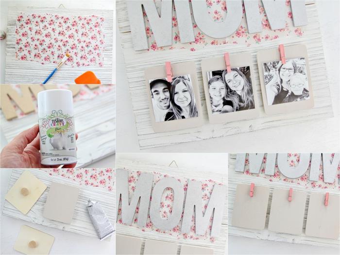 geri dönüştürülmüş paletler ile kendinizi yapmak için anneler günü hediyesi fikri, çiçek desenli scrapbooking kağıdı ile süslenmiş, geri kazanılmış bir ahşap fotoğraf tutucu