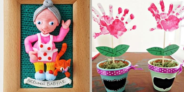 enostaven DIY z lesenim okvirjem za fotografijo in pisano figurico iz diy testa za mamice, cvetličnim loncem, okrašenim s cvetjem iz papirja in otroškimi potiski