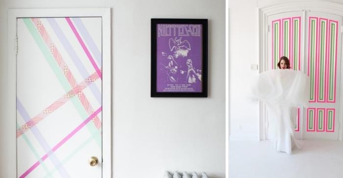 renkli tasarım bantlı bir kapı, beyaz duvarlı bir genç yatak odası ve özel bir kapı ile nasıl dekore edilir