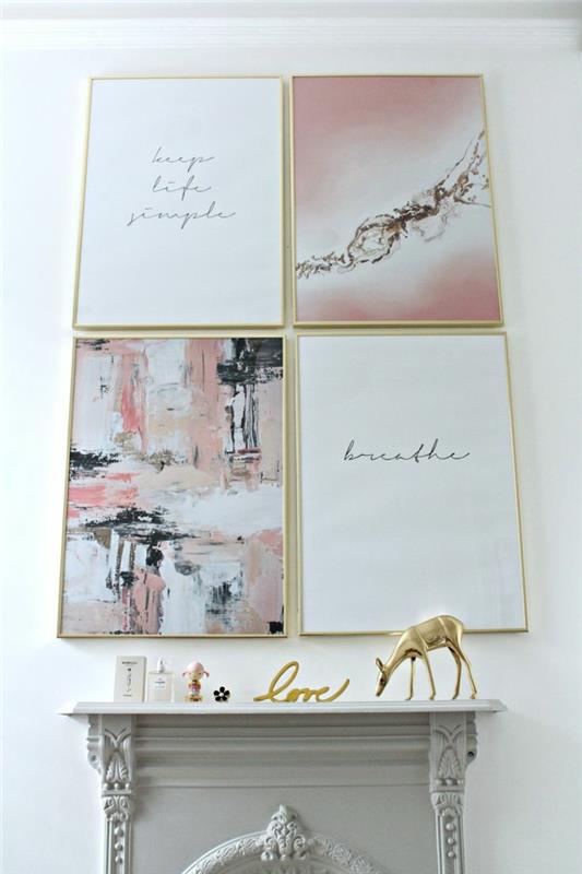 çerçeveli duvar, beyaz tasarım, gri dekoratif şömine, altın çerçeveler, pembe resim, geyik heykelciği