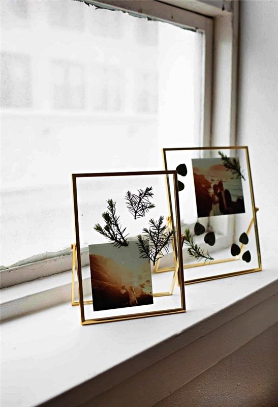 cam ve metal herbaryum fotoğraf çerçevesi, cam çerçeve içinde sergilenen güzel baskılar ve kuru yapraklar
