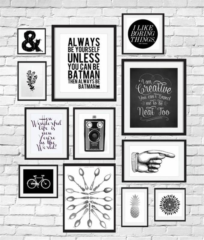 duvar dekoru, dikdörtgen çerçeve, beyaz ve siyah fotoğraf, bisiklet çizimi, ilham verici alıntı, tuğla duvarlar