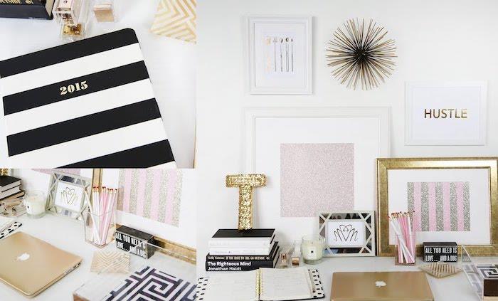 pisarniško pohištvo, ženska dekoracija v roza črno -beli in zlati barvi, pisarniški dodatki za ženske